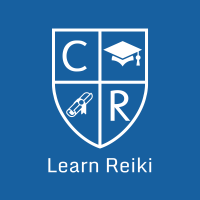 Learn Reiki logo, blue background, white shield