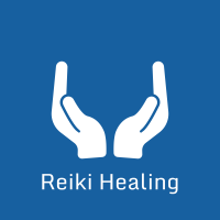 reiki healing logo, blue background, white cupped hands